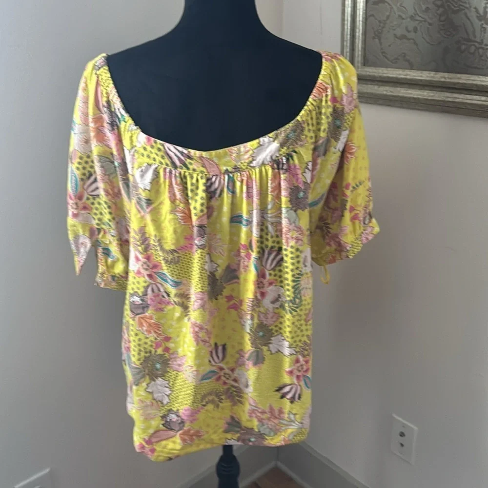 LOFT Floral Yellow floral patchwork Blouse puff sleeves linen‎ blend top Sz XL